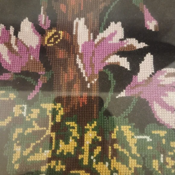 Vintage FramedNeedlepoint Needlework INRI Religious Cross Crucifix Flowers